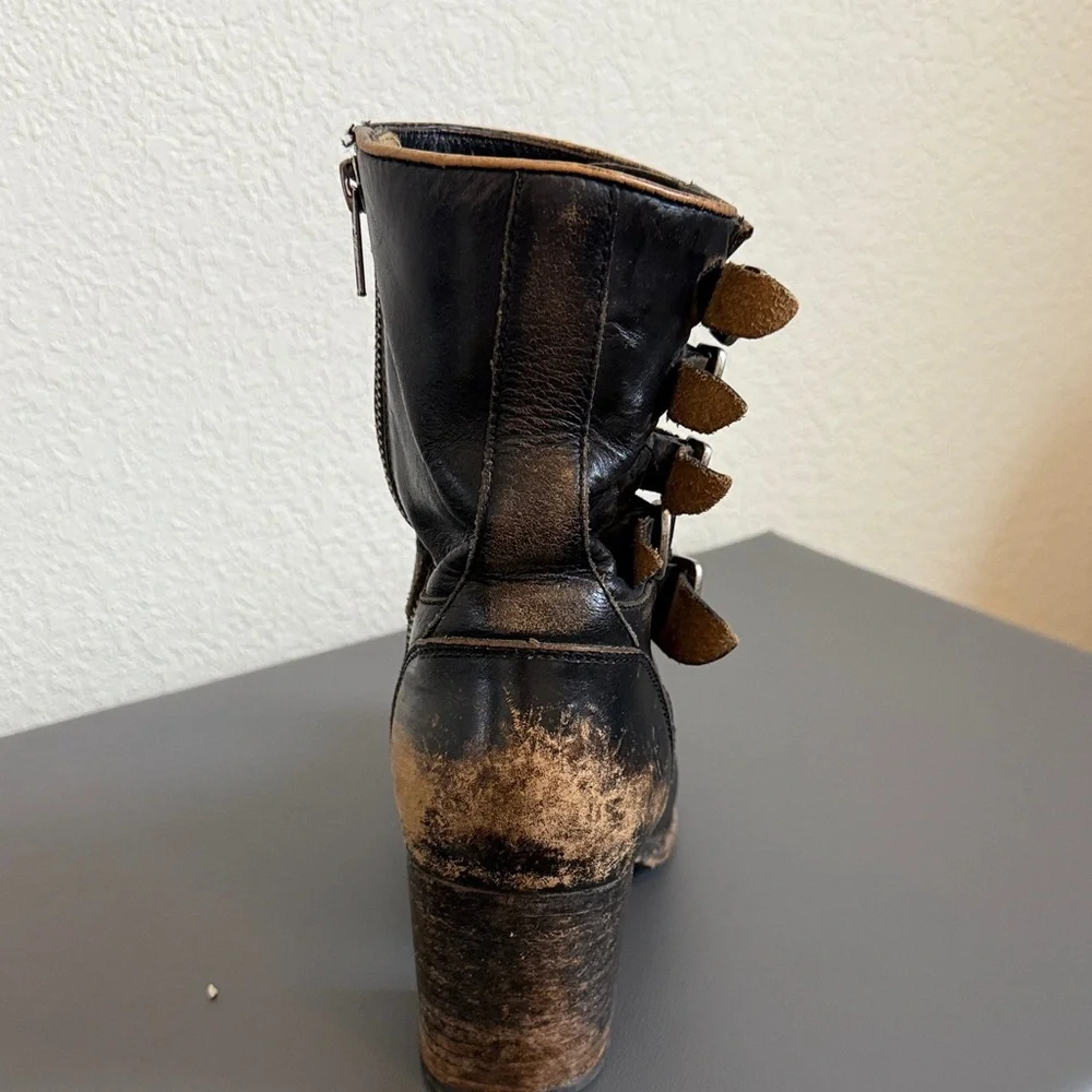 Frye Distressed Black Leather Mid Calf Boots with Buckle Detail - Picture 7 of 16